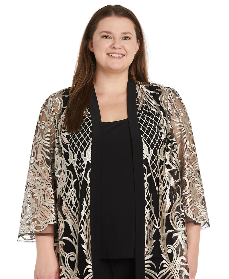R & M Richards Plus Size Embroidered Duster Jacket, Tank and Pants 3-Pc. Set