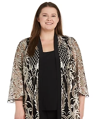 R & M Richards Plus Size Embroidered Duster Jacket, Tank and Pants 3-Pc. Set