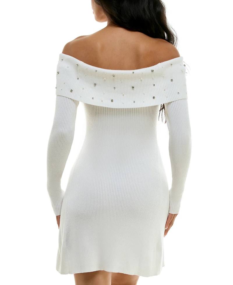Bcx Juniors' Embellished Off-The-Shoulder Sweater Dress