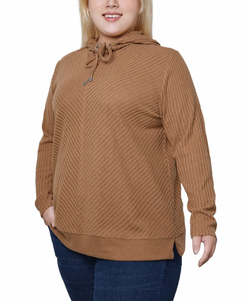 Ny Collection Plus Size Ribbed Long Sleeve Hooded Top