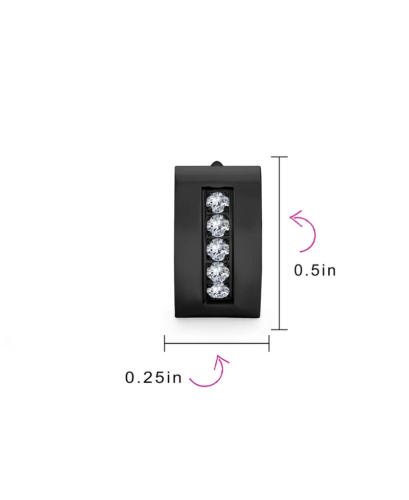 Unisex Channel Set 3 Row Cubic Zirconia Cz K-pop Wide Mini Hoop Huggie Earrings For Men Women Black Plated Steel Stainless