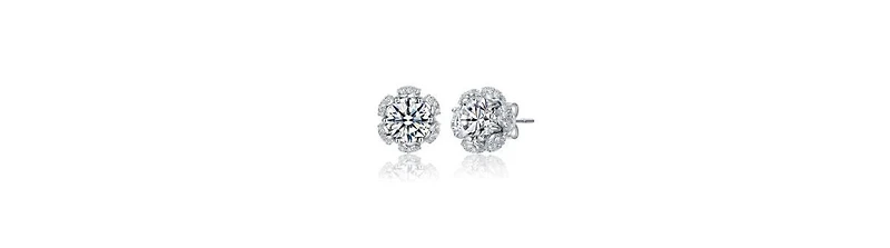 Sterling Silver White Gold Plated with Clear Cubic Zirconia Flower Halo Stud Earrings