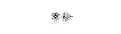 Sterling Silver White Gold Plated with Clear Cubic Zirconia Flower Halo Stud Earrings