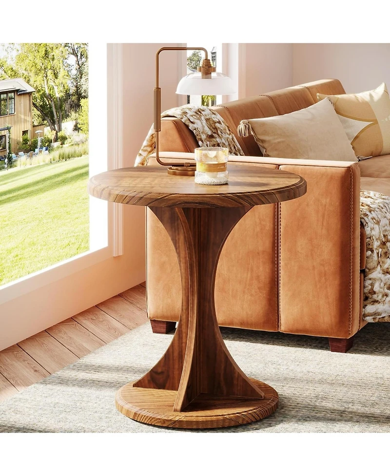 Tribesigns Round End Side Table: Wood Small Sofa Chair Side Table for Living Room, Mid-Century Bedside Nightstand for Bedroom,Vintage Brown