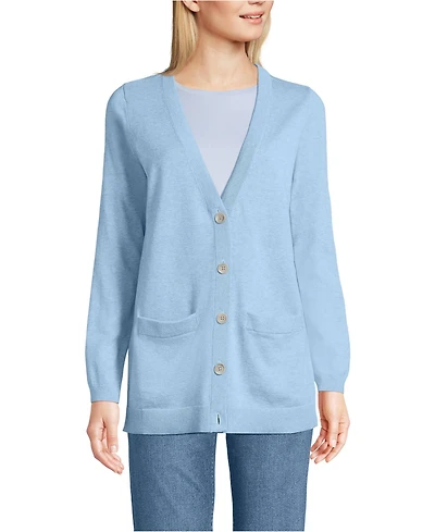 Lands' End Women's Fine Gauge Cotton Cardigan with Tipping Sweater