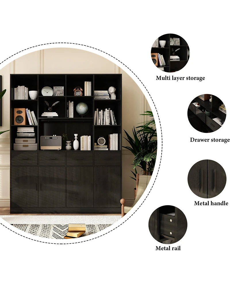 15-Shelf Standard Bookshelf with Adjustable Shelves, 4 Drawers