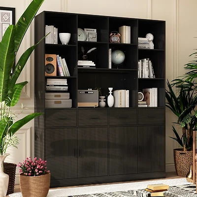 15-Shelf Standard Bookshelf with Adjustable Shelves, 4 Drawers