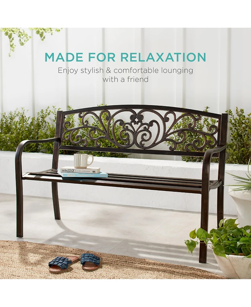 Best Choice Products Outdoor Steel Bench Garden Patio Porch Furniture w/ Floral Design Backrest