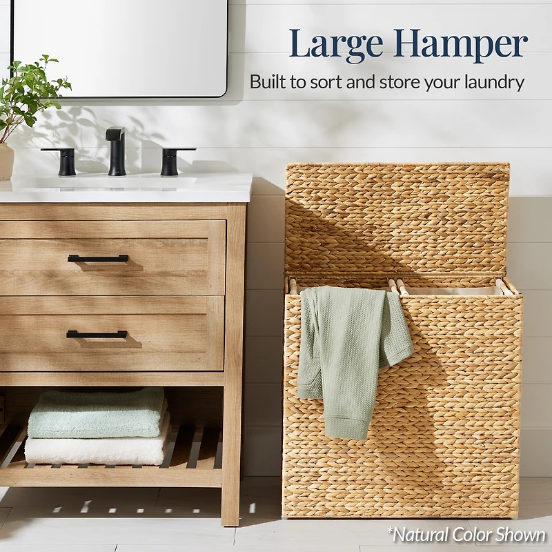 Best Choice Products Large Natural Water Hyacinth Double Laundry Hamper Basket w/ 2 Liner Bags, Handles