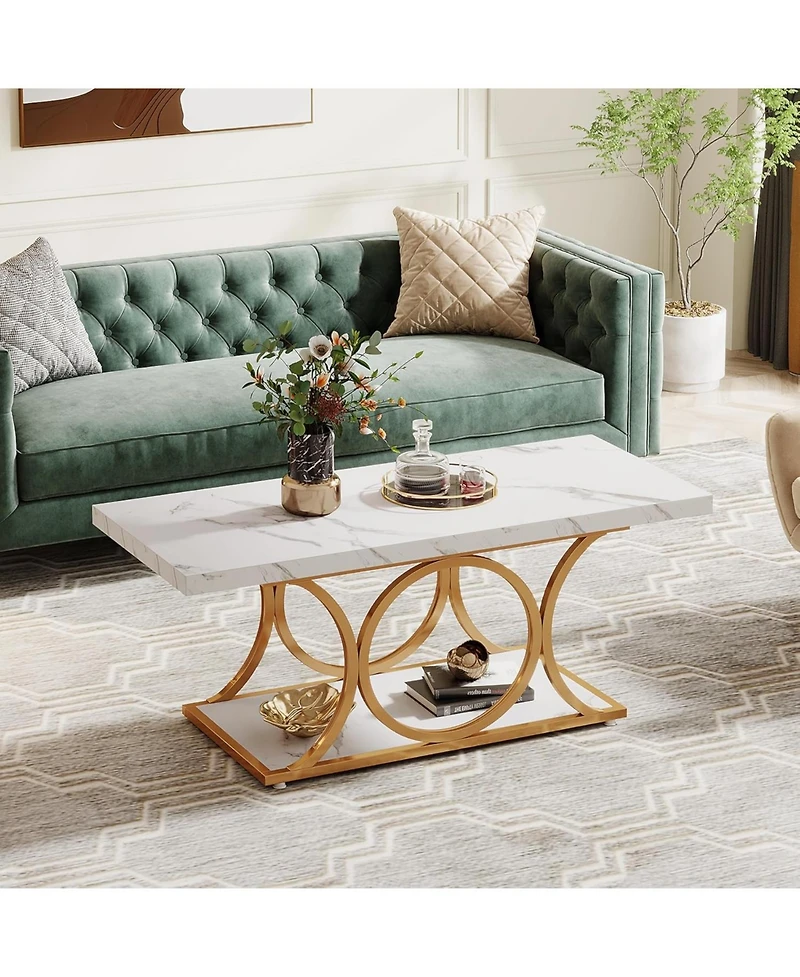 Tribesigns Rectangle Coffee Table, 47.24-inch Modern Coffee Tables for Living Room, 2-Tier Faux Marble Wood Coffee Table with Geometric Metal Legs,Bla