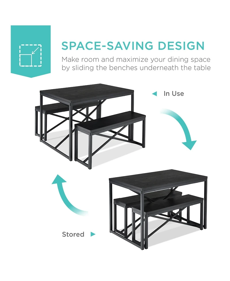 Best Choice Products 45.5in 3-Piece Bench Style Dining Furniture Set, 4-Person Dinette w/ 2 Benches, Table