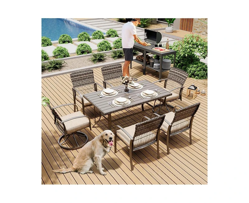 Pamapic 7-Piece Patio Dining Set for 6 with Green Cushion 4 Dining Chairs and 2 Swivel Rockers