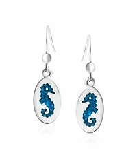 Bling Jewelry Sea Animal Nautical Beach Vacation Inlay Enamel Blue Oval Seahorse Dangling Earrings .925 Sterling Silver Fish Hook