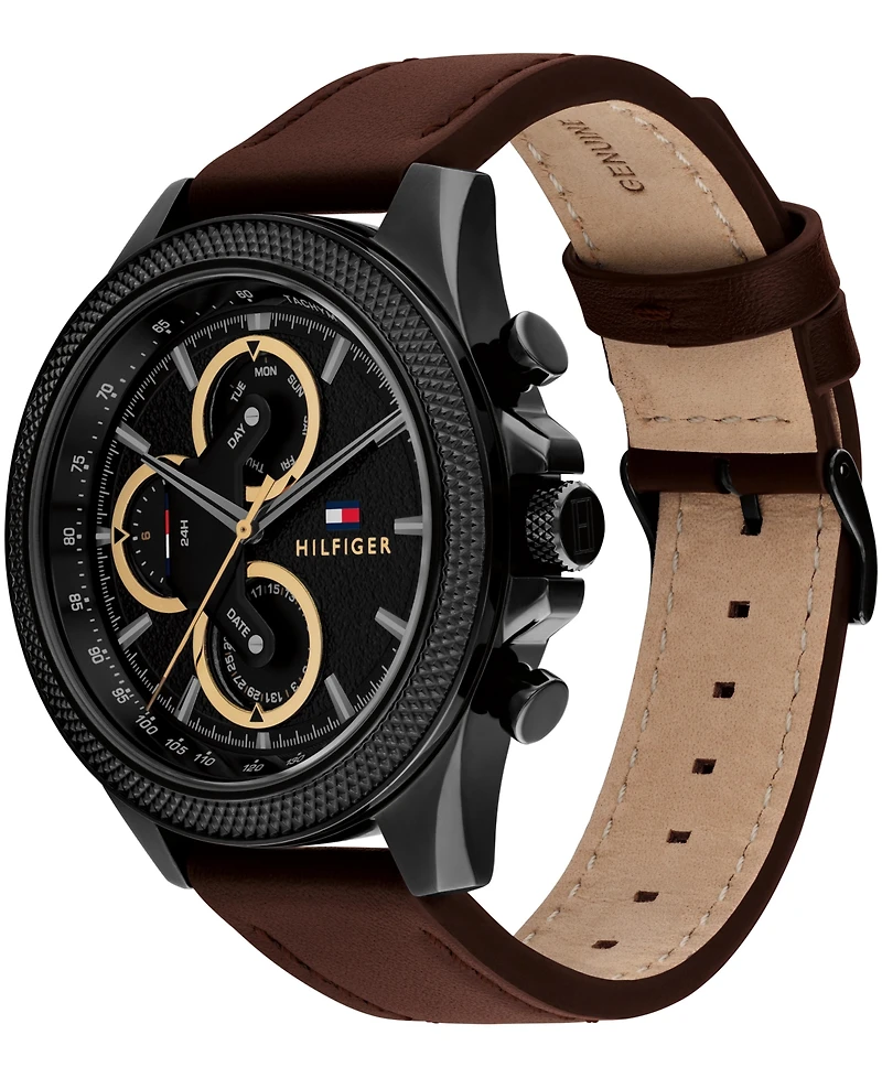 Tommy Hilfiger Men's Multifunction Brown Leather Strap Watch 46mm