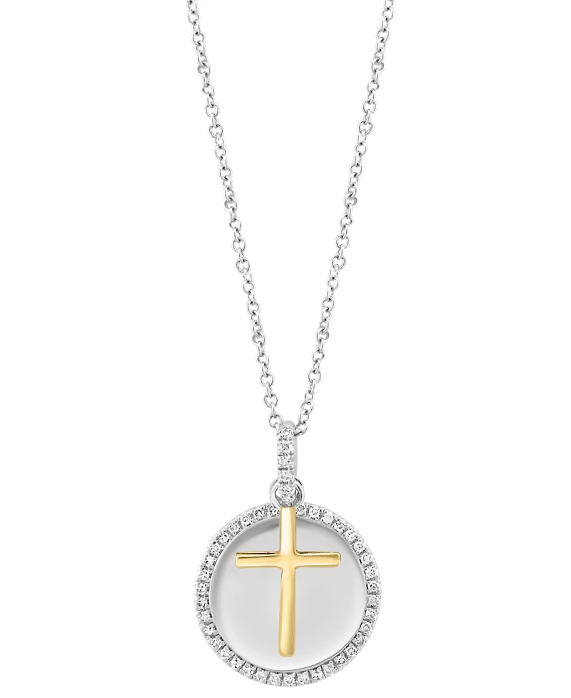Effy Diamond Disc & Cross Two Charm 18" Pendant Necklace (1/4 ct. t.w.) in Sterling Silver & Gold-Plate