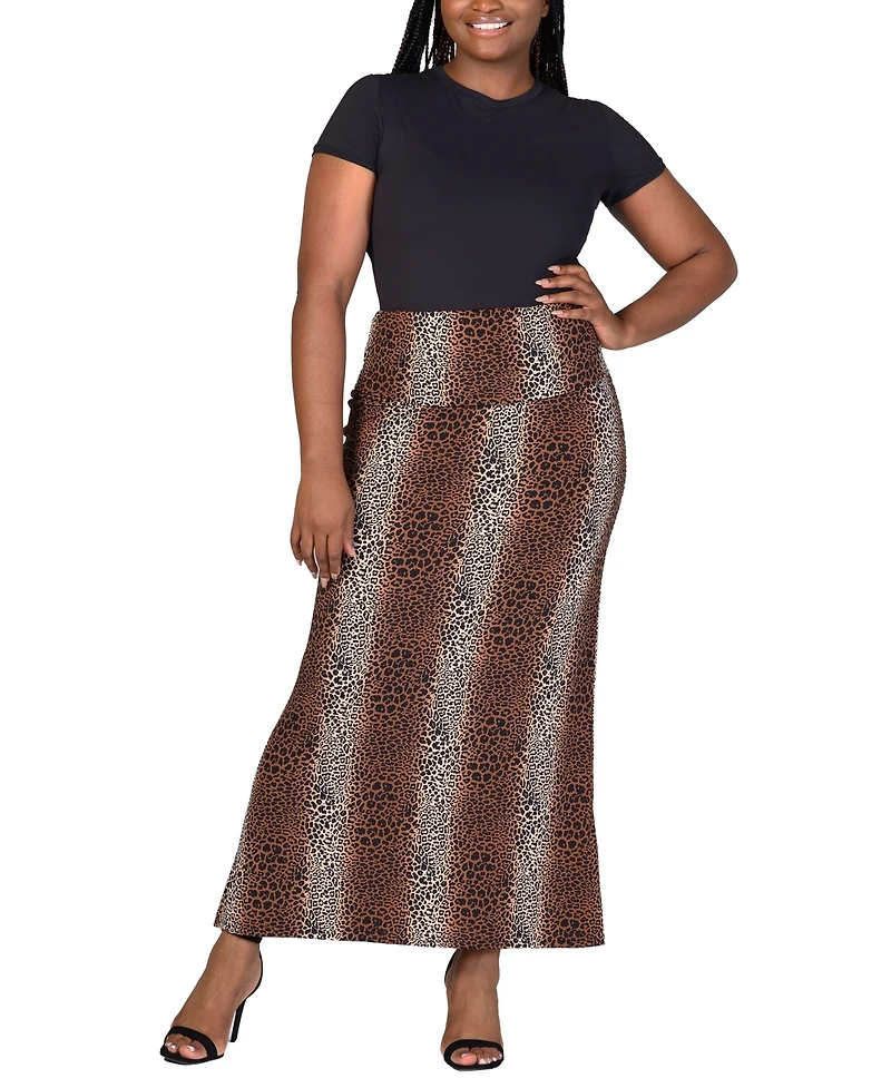 24seven Comfort Apparel Plus Fold Over Waist Printed Maxi Skirt
