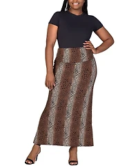 24seven Comfort Apparel Plus Fold Over Waist Printed Maxi Skirt