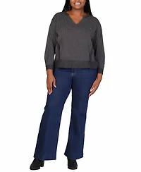 24seven Comfort Apparel Plus Size Relaxed Fit Rib Knit V-Neck Top