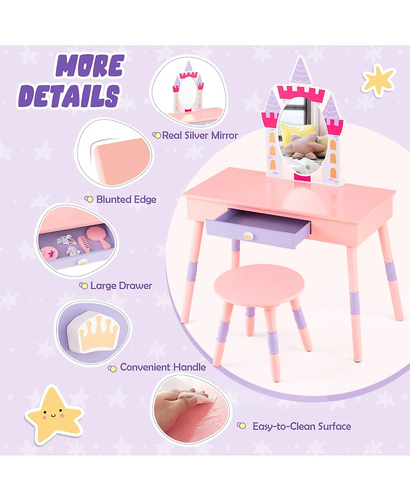 Costway Kids Vanity Set Princess Makeup Pretend Play Dressing Mirror