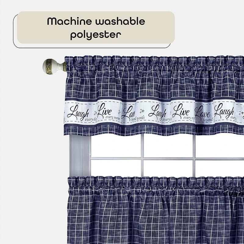 Kate Aurora Country Farmhouse Plaid Live laugh love 3 Piece Kitchen Curtain Set
