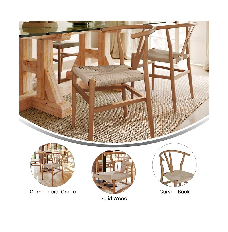Staci Set Of 2 Stack Dining Chairs With Y-Back Style Design, Solid Wood Frames, Woven Kraft Paper Rope Seats