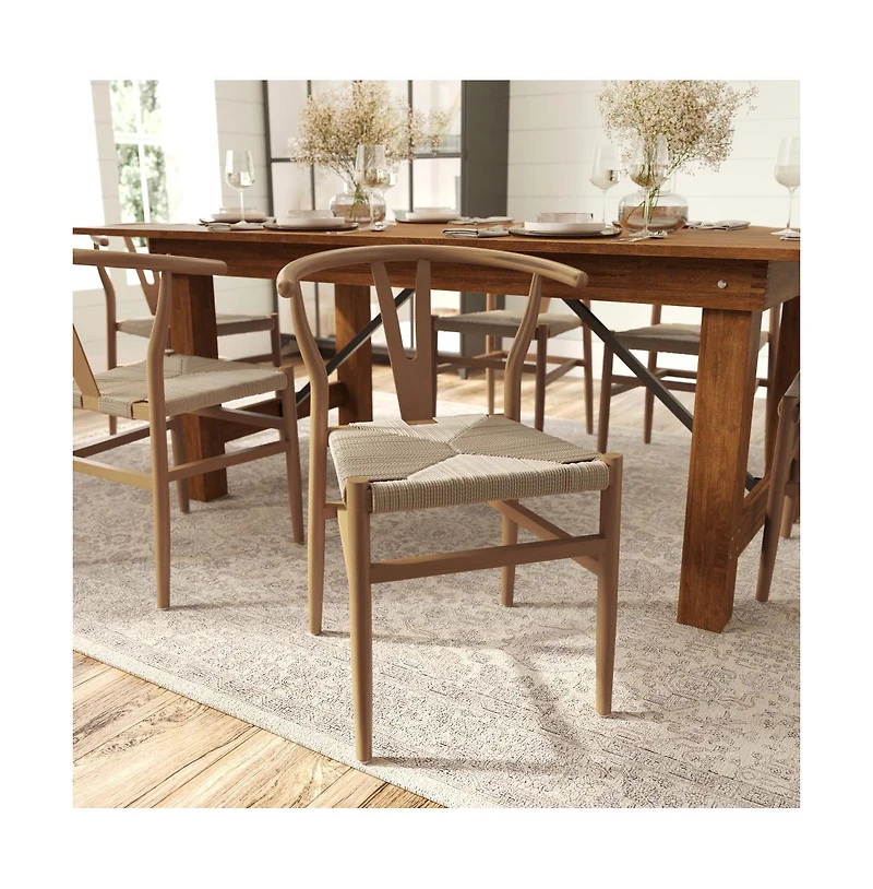 Staci Set Of 2 Stack Dining Chairs With Y-Back Style Design, Solid Wood Frames, Woven Kraft Paper Rope Seats