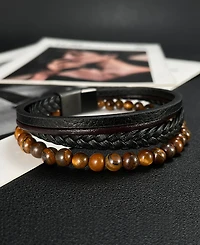 Rhona Sutton Black Tigers Eye Weaved Leather Stainless Steel Bracelet