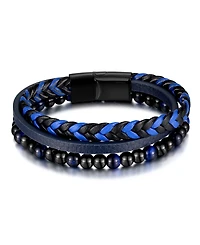 Rhona Sutton Blue Tigers Eye Weaved Leather Stainless Steel Bracelet