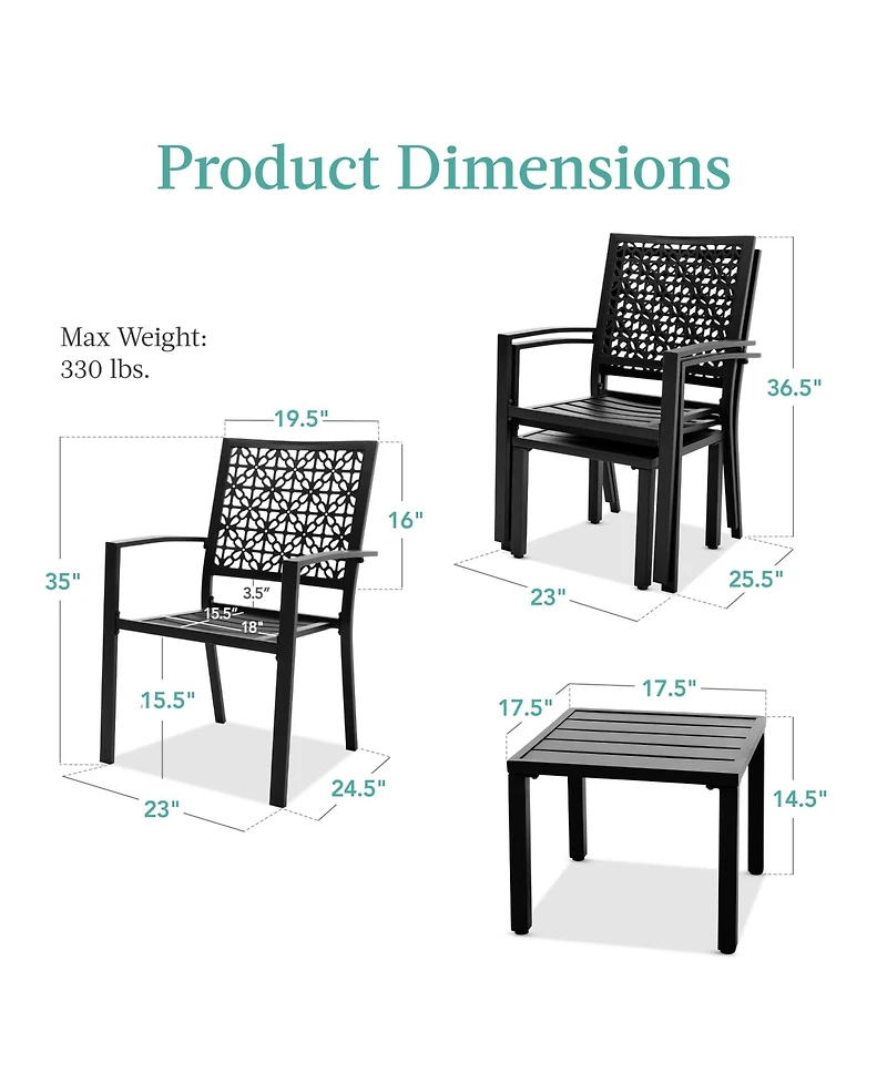 Best Choice Products 3-Piece Stackable Patio Bistro Set, Outdoor Chat Furniture w/ 2 Chairs, Table