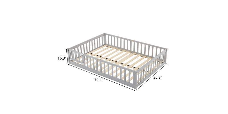 Slickblue Grey Painted Pine Full Fence Bed with Door and Board for Kids