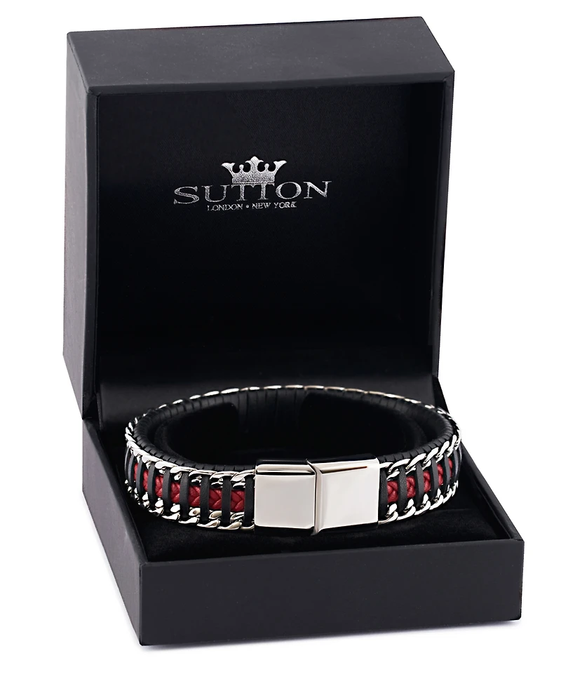 Rhona Sutton Black Red Leather with Chain Stainless Steel Bracelet