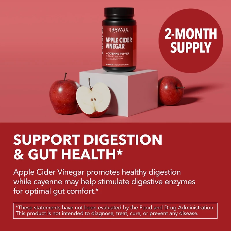 Apple Cider Vinegar Pills, Acv Capsules + Cayenne Pepper, Appetite Suppressant for Weight Loss, Havasu Nutrition, 60ct