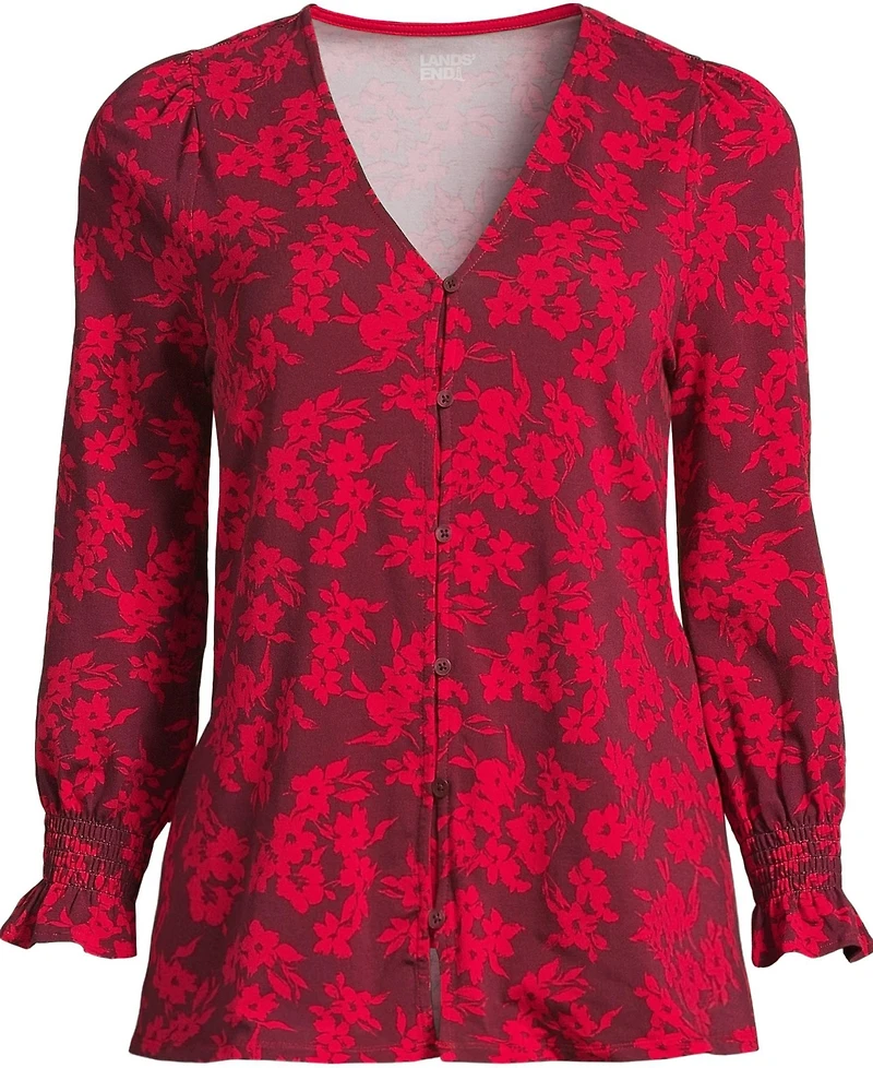 Lands' End Women's 3/4 Sleeve Lightweight Jersey Button Front Top