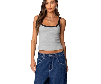 Edikted Womens Jude Lacey Ribbed Tank Top