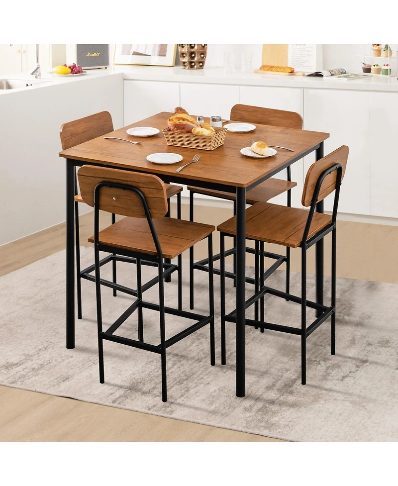 5-Piece Industrial Dining Table Set with Counter Height and 4 Bar Stools-Walnut