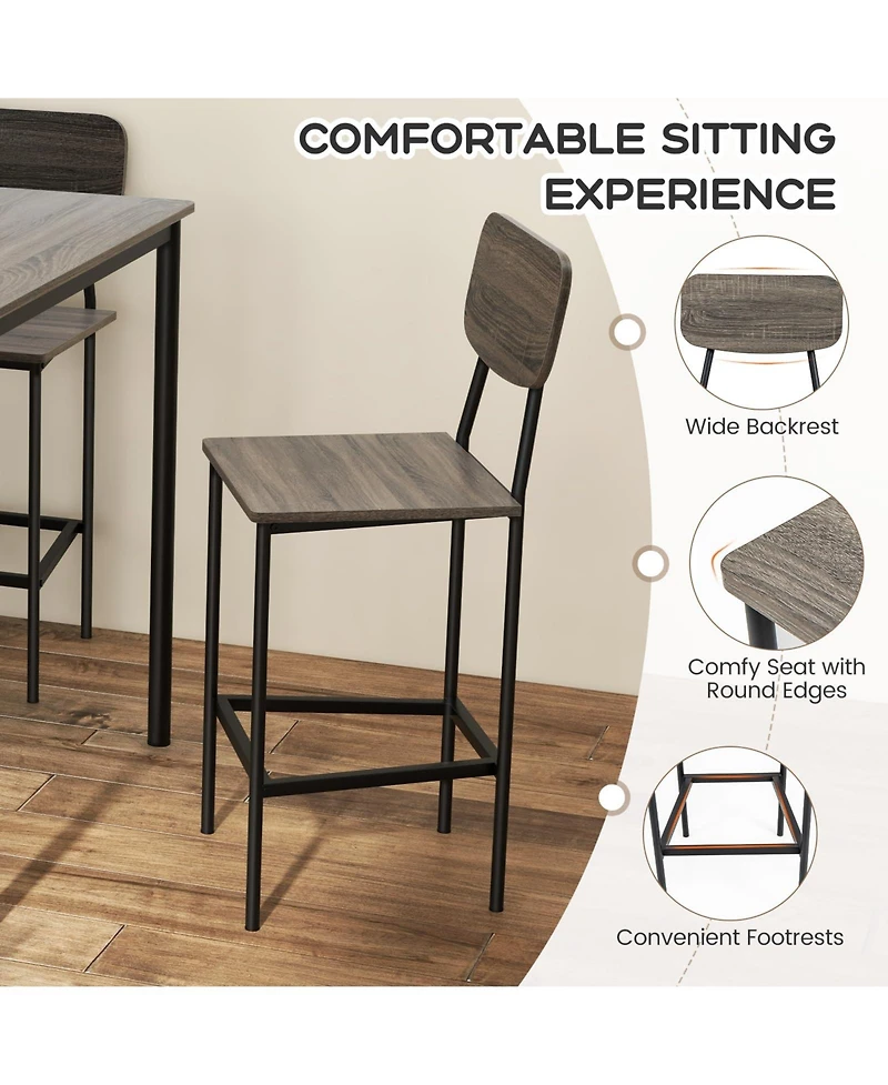 5-Piece Industrial Dining Table Set with Counter Height and 4 Bar Stools-Walnut