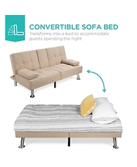 Best Choice Products Modern Linen Convertible Futon Sofa Bed w/ Removable Armrests, Metal Legs, Cupholders