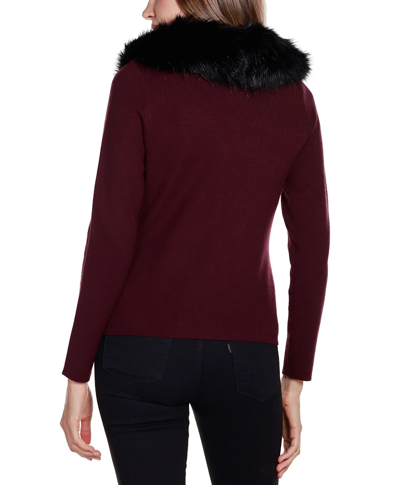 Belldini Women's Black Label Faux Fur Collar Short Zip Cardigan Sweater