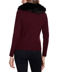 Belldini Women's Black Label Faux Fur Collar Short Zip Cardigan Sweater