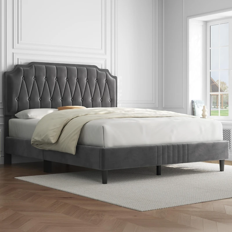 Yaheetech Upholstered Bed Frame with Wooden Slat Support