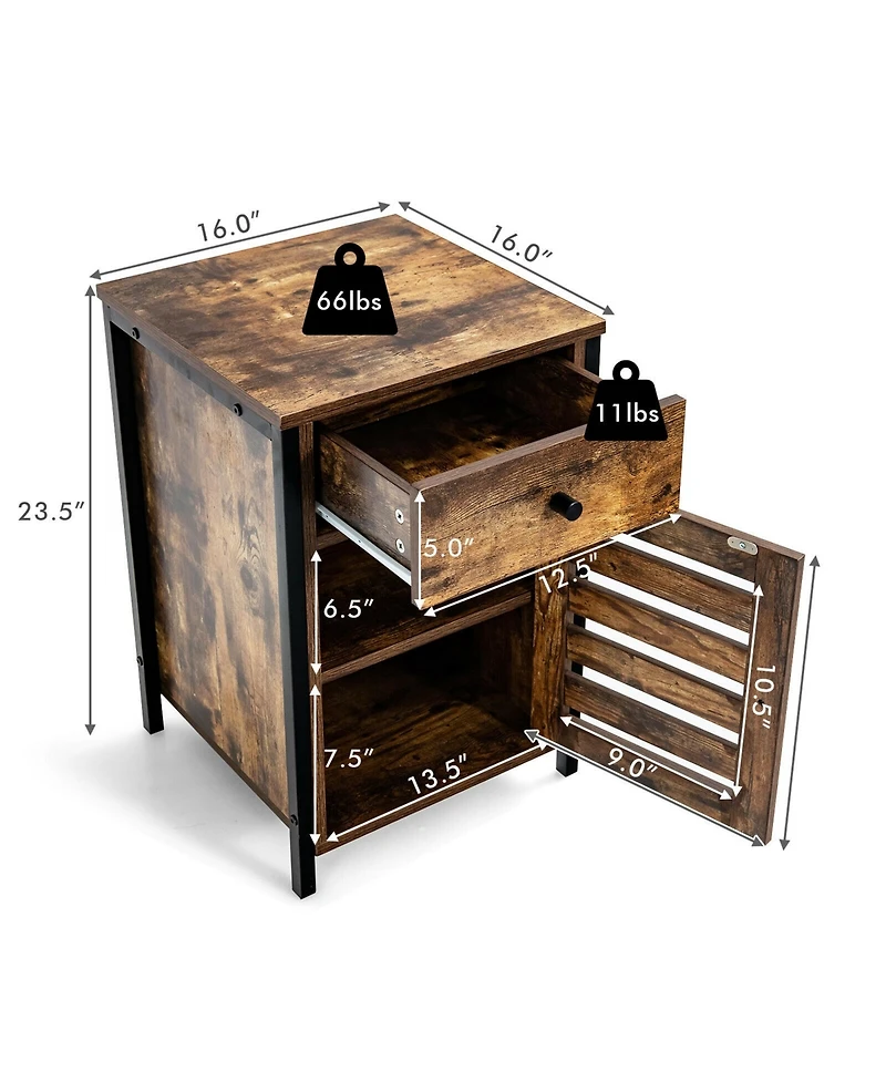 Gymax Nightstand with Drawer Cabinet Adjustable Shelf Industrial Side Table Rustic
