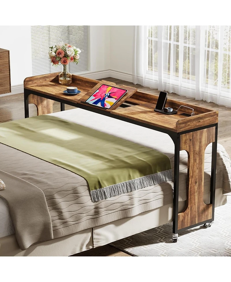 Tribesigns Overbed Table with Wheels, 71" Queen Size Bed Table with Adjustable Tilt Board, Mobile Laptop Cart with Outlets & Usb Ports