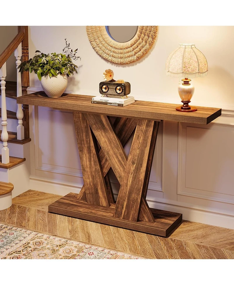 Tribesigns 55-Inch Farmhouse Console Table, Entryway Table with Geometric Base, Narrow Sofa Table Rustic Wood Hallway Table, Rustic Brown