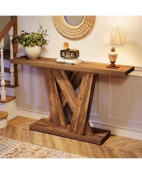 Tribesigns 55-Inch Farmhouse Console Table, Entryway Table with Geometric Base, Narrow Sofa Table Rustic Wood Hallway Table, Rustic Brown