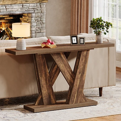 Tribesigns 55-Inch Farmhouse Console Table, Entryway Table with Geometric Base, Narrow Sofa Table Rustic Wood Hallway Table for Entrance, Living Room,
