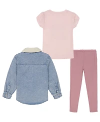 Calvin Klein Toddler and Little Girls Sherpa-Trim Denim Shacket, Short Sleeve Monogram Tee Ribbed Leggings, 3-Piece Set