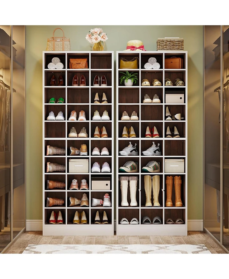 Tribesigns 10-Tier Shoe Storage Cabinet, White and Brown Wooden Shoe Rack with 30 Cubbies, Freestanding Tall Entryway Shoe Organizer for Closet, Entry