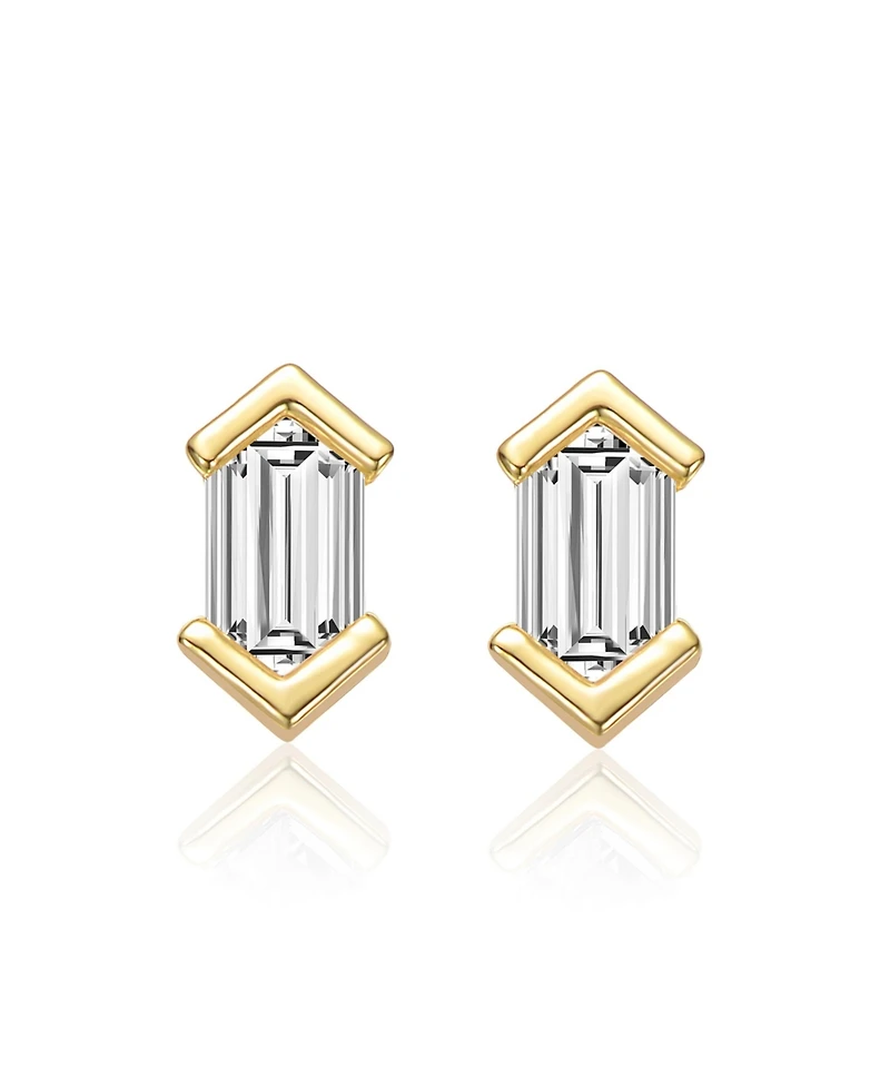 Sterling Silver Mini Cubic Zirconia Baguette Geometric Stud Earrings White Gold Plated or 14k