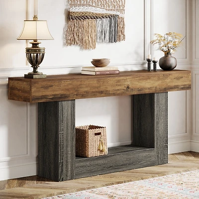 Tribesigns 63" Console Table, Farmhouse 2-Tier Entryway Table with U-Shaped Base, Narrow Long Wood Sofa Table Behind Couch Table for Living Room,