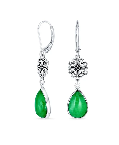 Bling Jewelry Dyed Green Jade Filigree Teardrop Pear Shaped Good Fortune Lever Back Dangle Earrings .925 Sterling Silver